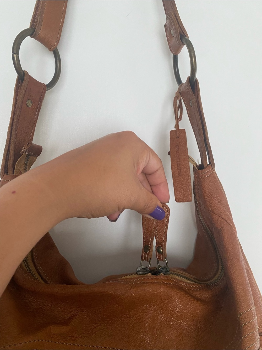 Tano Hobo Slouch Shoulder Bag Pebbled Leather In Cognac Hippie 70s Vintage Style - Picture 7 of 13